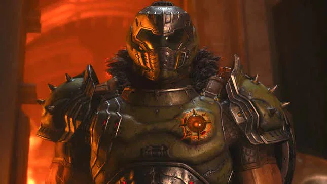 The Doom Slayer stands before camera.